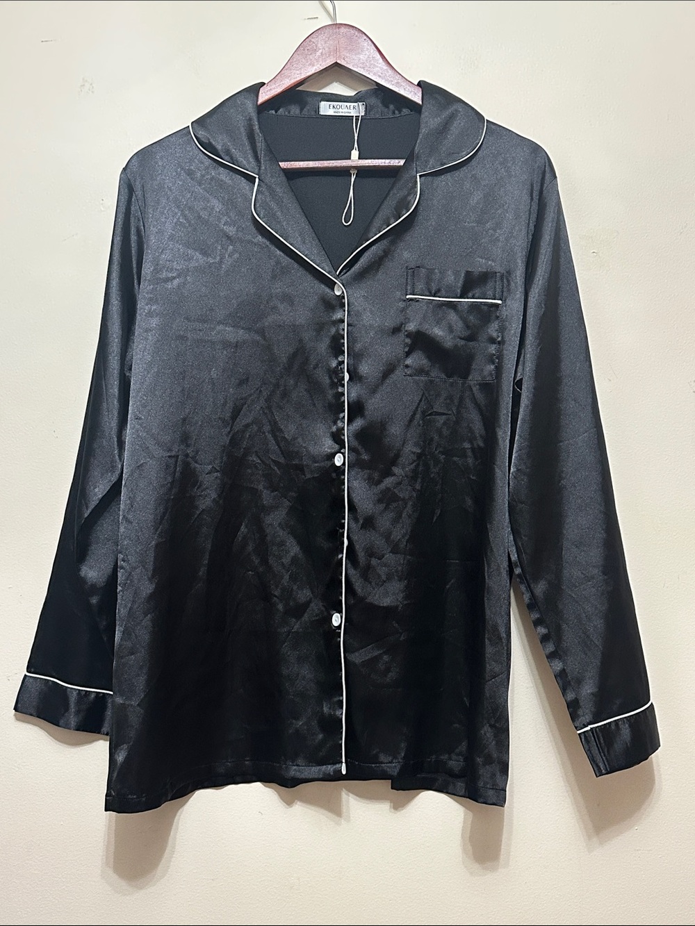 Black Satin Long-Sleeve Pajama Top with White Piping NWOT